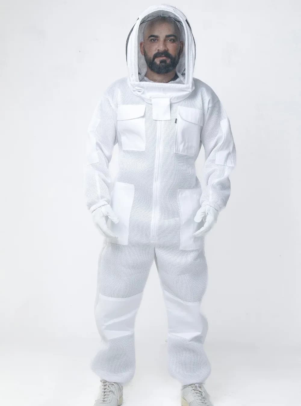 Beekeeper in a three-layer ventilated mesh bee suit, compared with two-layer mesh in this guide