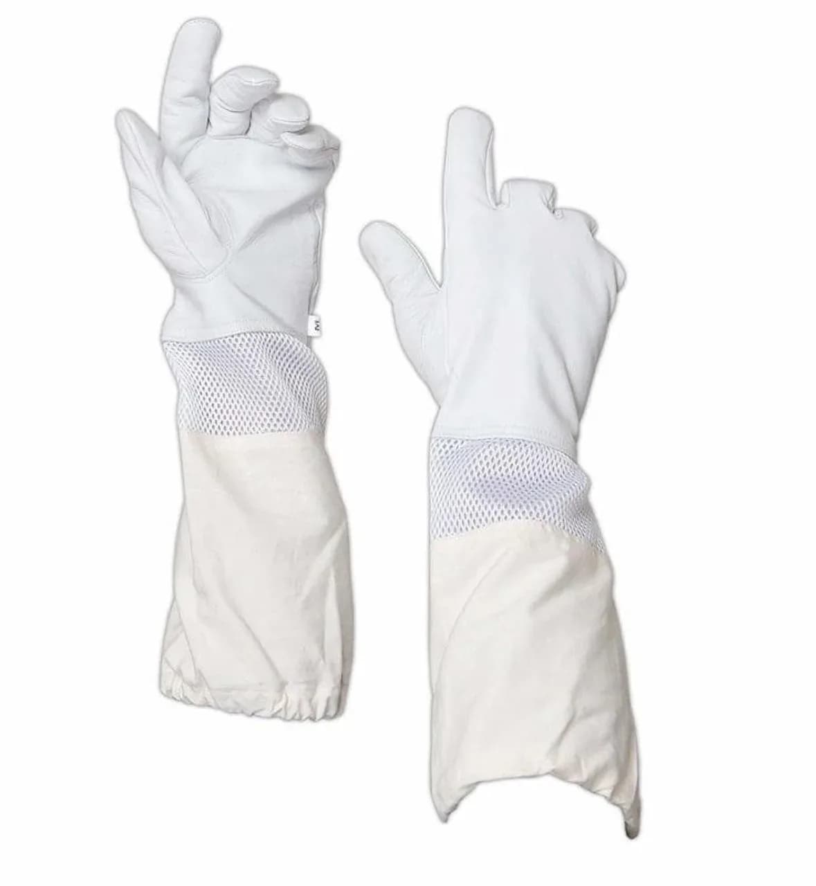 White goatskin leather beekeeping gloves with mesh wrist panels and long cotton gauntlets