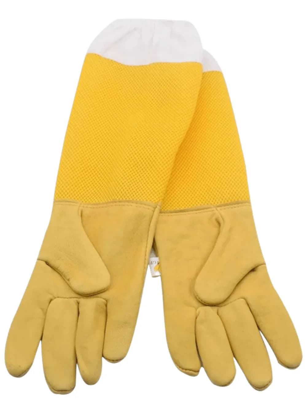 Yellow leather beekeeping gloves with ventilated mesh gauntlets, compared with nitrile in this guide