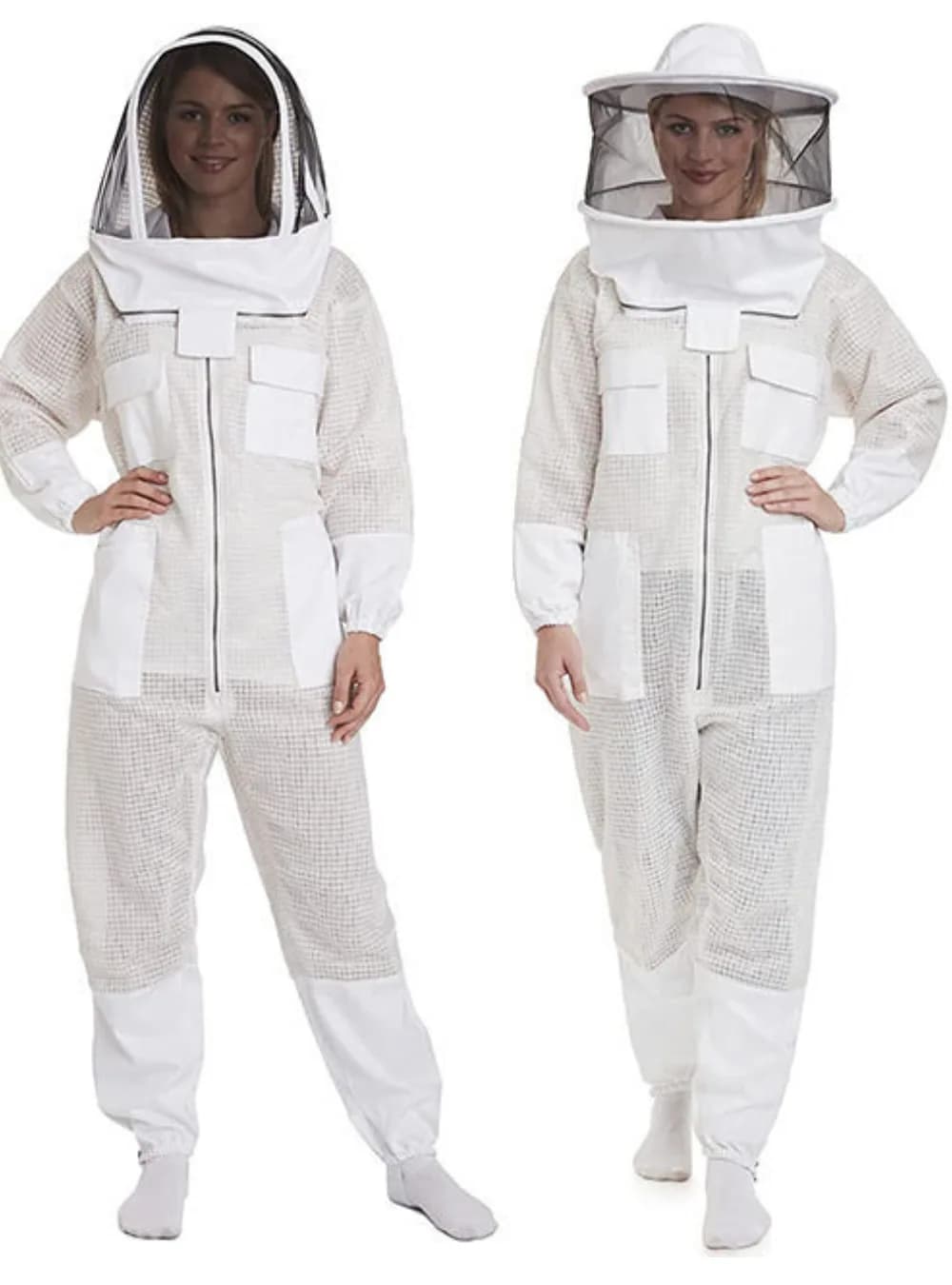 A beekeeper in a full white ventilated suit, showing what beekeepers wear at a hive