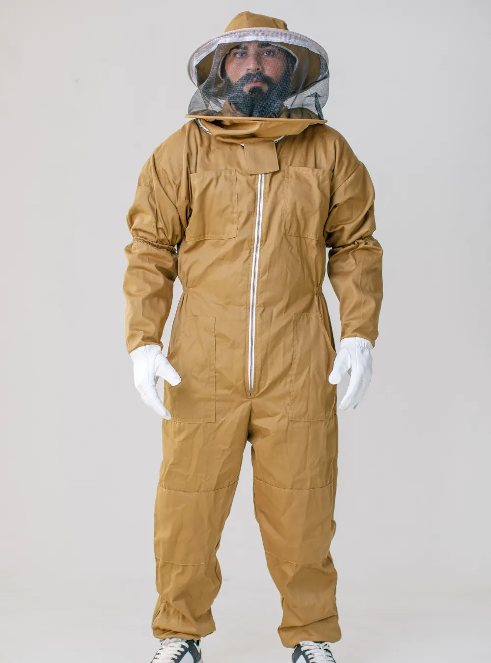 Brown cotton beekeeping suit, showing the heavy twill weave