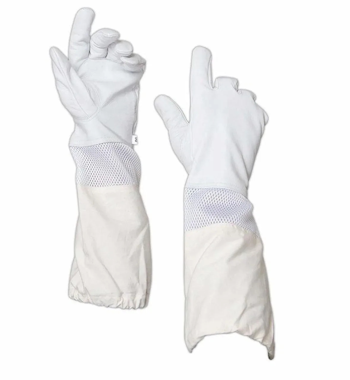 White goatskin beekeeping gloves with a mesh wrist panel and long cotton gauntlets