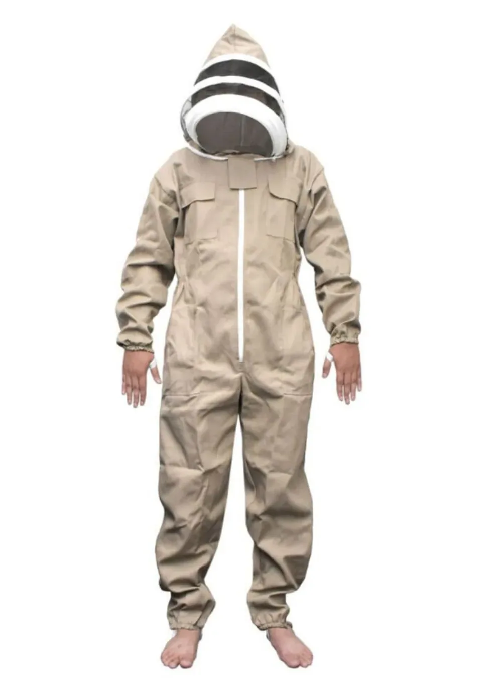 White polycotton beekeeping suit with fencing veil, shown full length