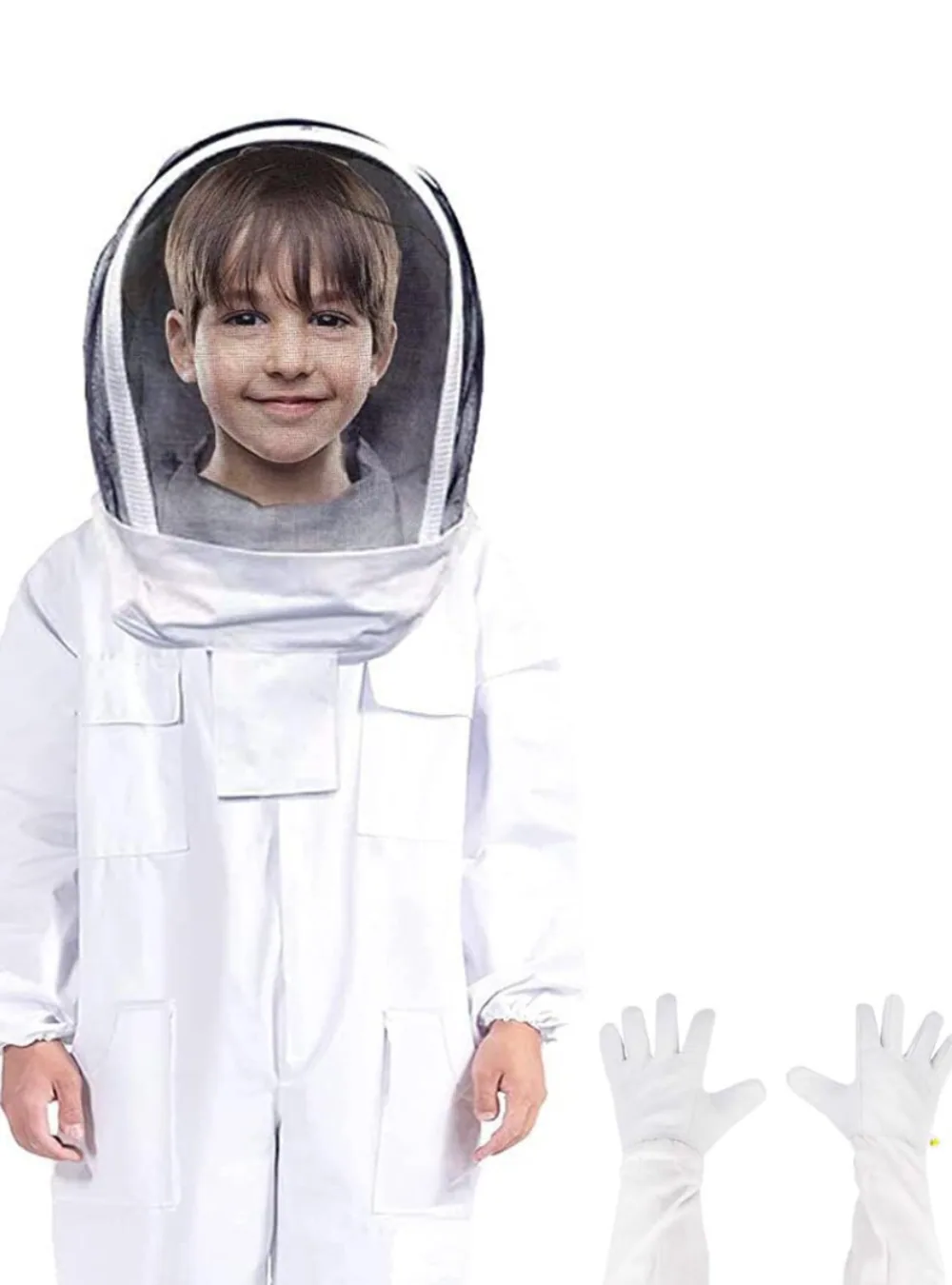 A child in a properly fitted bee suit, whose cuff the glove gauntlet has to tuck under