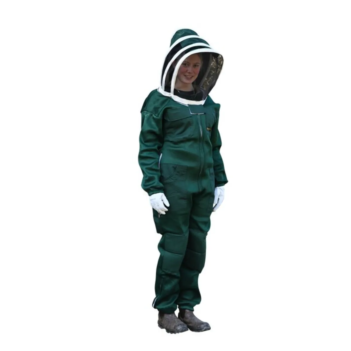 A muted green ventilated suit, the middle ground between camouflage and a pale bee suit
